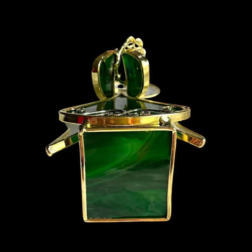 VTG Stained Glass Green & Gold Tone Metal Angel Tealight Votive Candle Holder